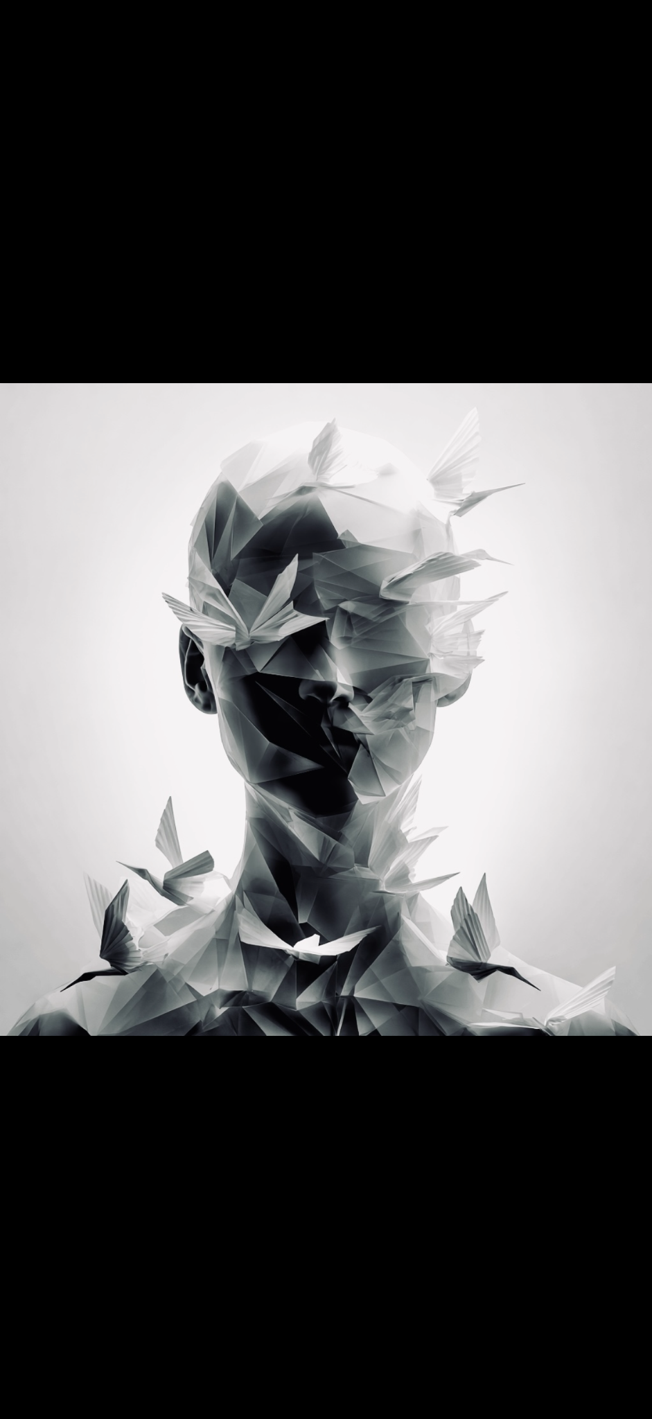 Portret z białymi formami origami z kolekcji RIELE